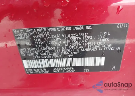 2011 Toyota Rav4 from USA, damaged, VIN 2T3BF4DV4BW116093